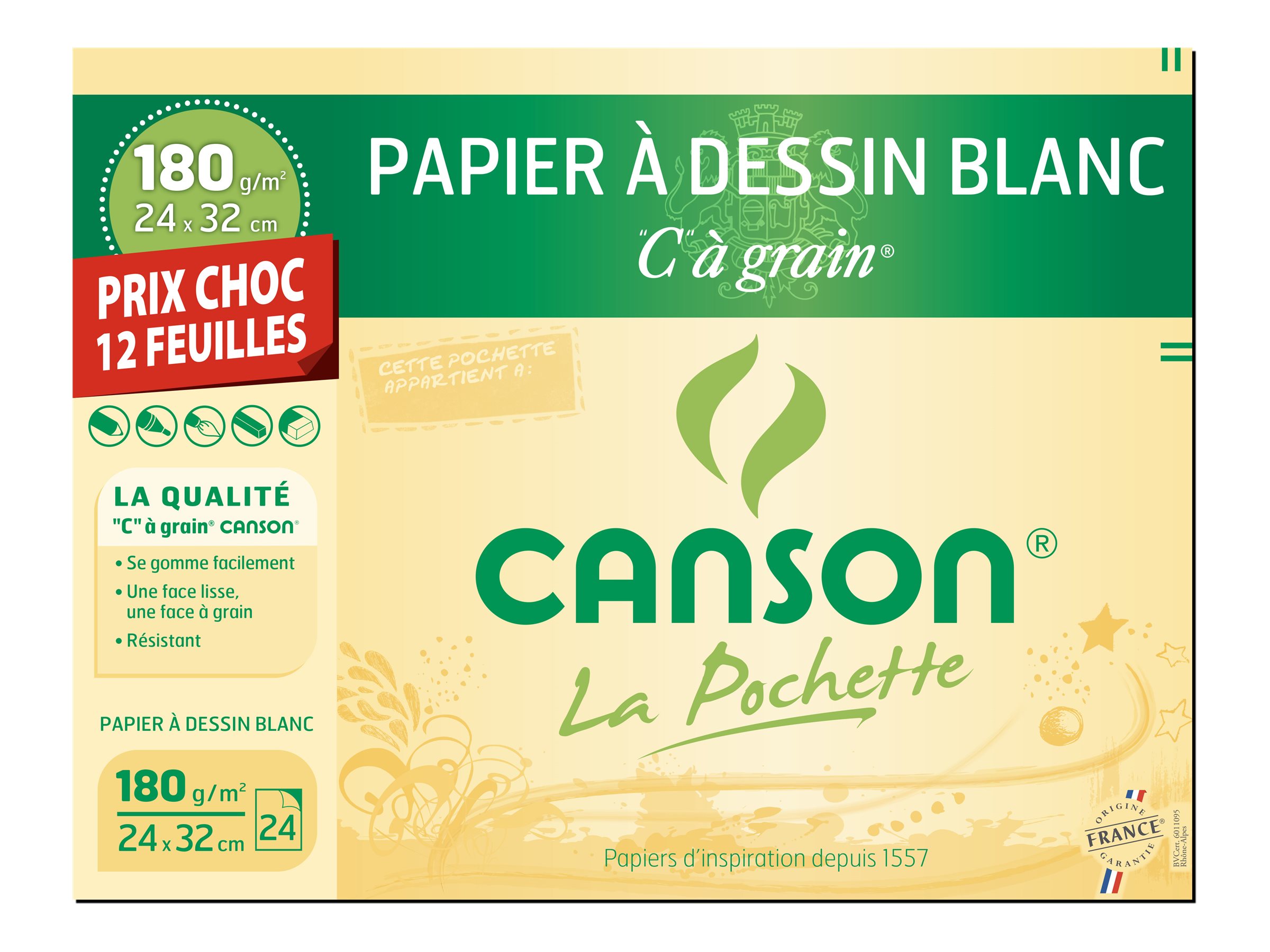 Papier dessin Blanc à grain – 12 feuilles – 24 x 32 cm – 180 g -PRIX CHOC