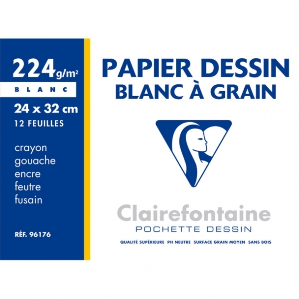 Papier dessin Blanc à grain – 12 feuilles 24 x 32 cm – 224 g